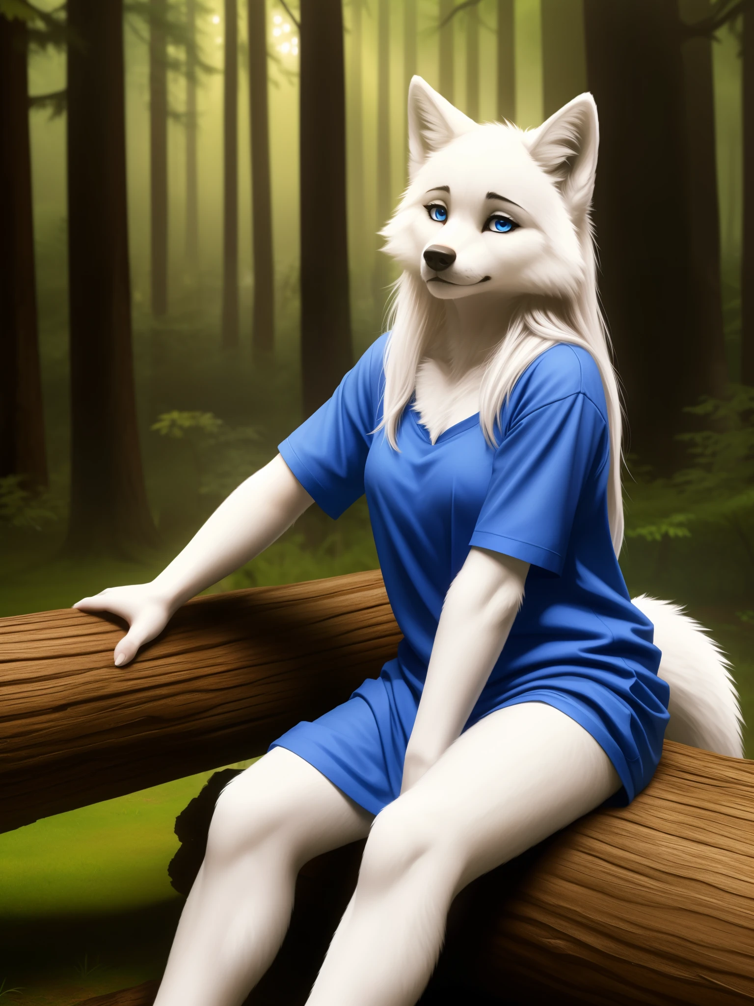 Posing, sitting on log, Female, 30 years old, cute, eyeliner, long hair, sad, blue shirt, bedroom eyes, anthro, wolf ears, (white fur:1.5), baggy shirt, wolf, forest background, 8k, hi res, (best quality, masterpiece), blue eyes