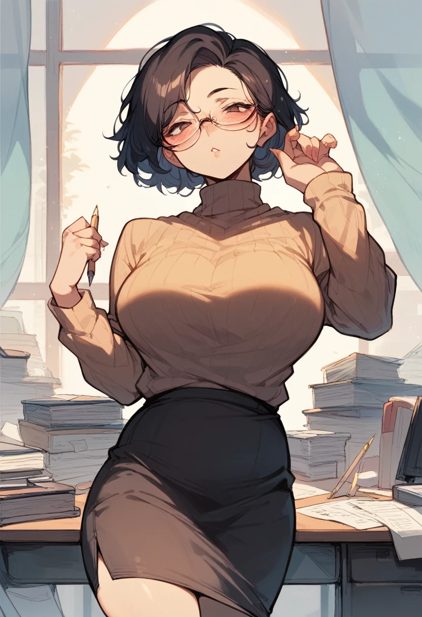 ( woman), blush, lust, fair, Sweater shirt, Long pencil skirt, wearing glasses, short black hair, beautiful face, 가슴, sensuous, highest quallity,standing pose, (fund: In front of the office desk)