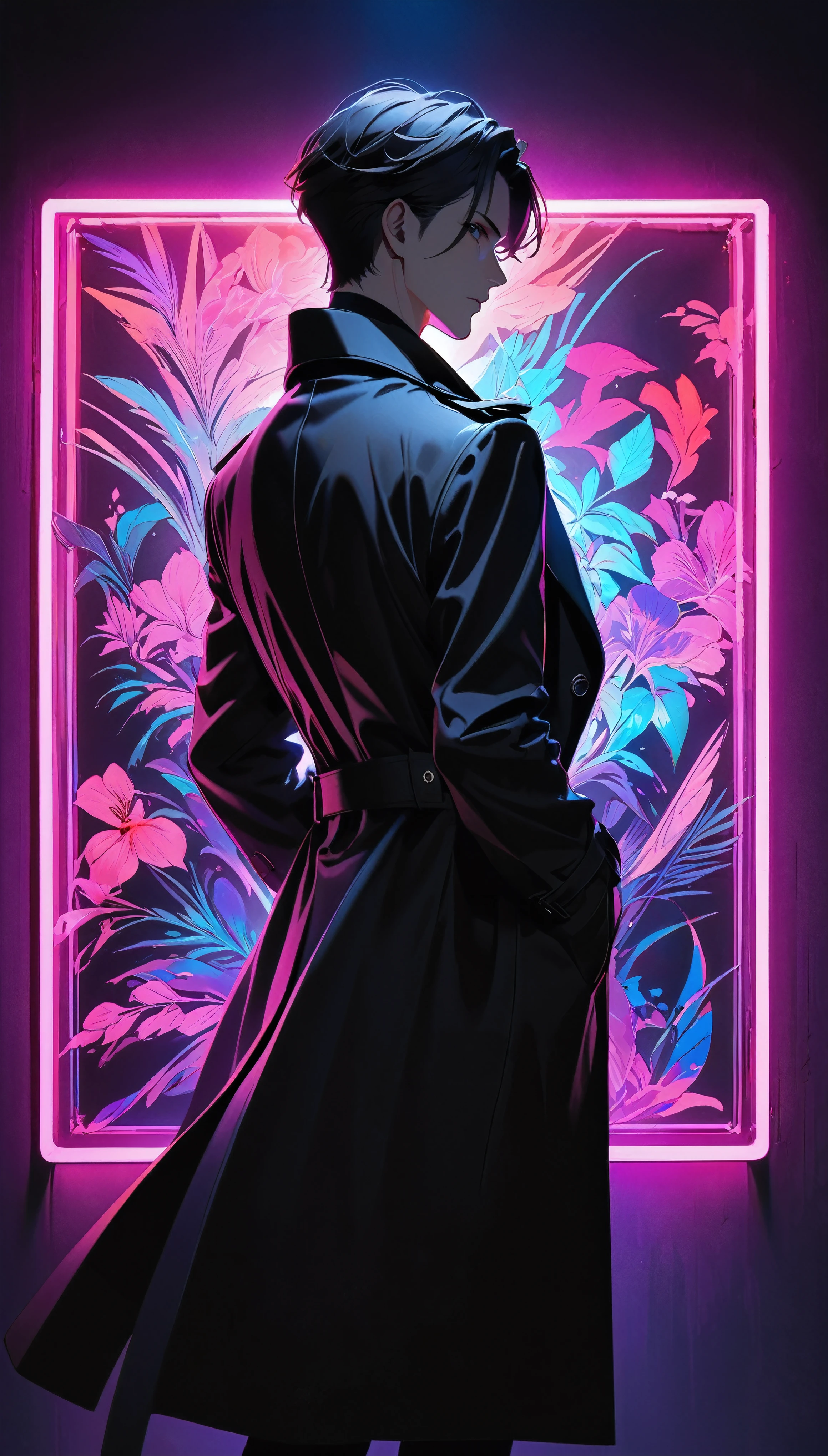 Attractive silhouette of a man in a black trench coat, Sexy poses to seduce viewers, perfect silhouette, Bold and attractive, BREAK perfect silhouette, Sharp edges of neon art, Subtle and soft neon lighting, Realistic black light, The background is completely black, 