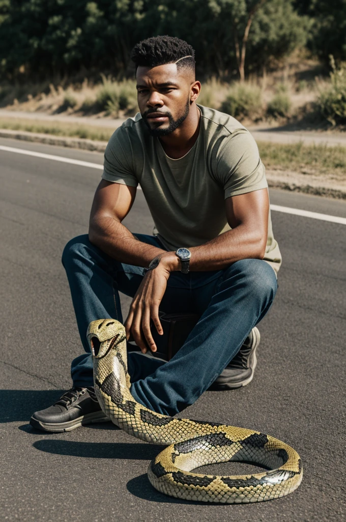 A man is sitting on the road. Next to the Russell Viper snake