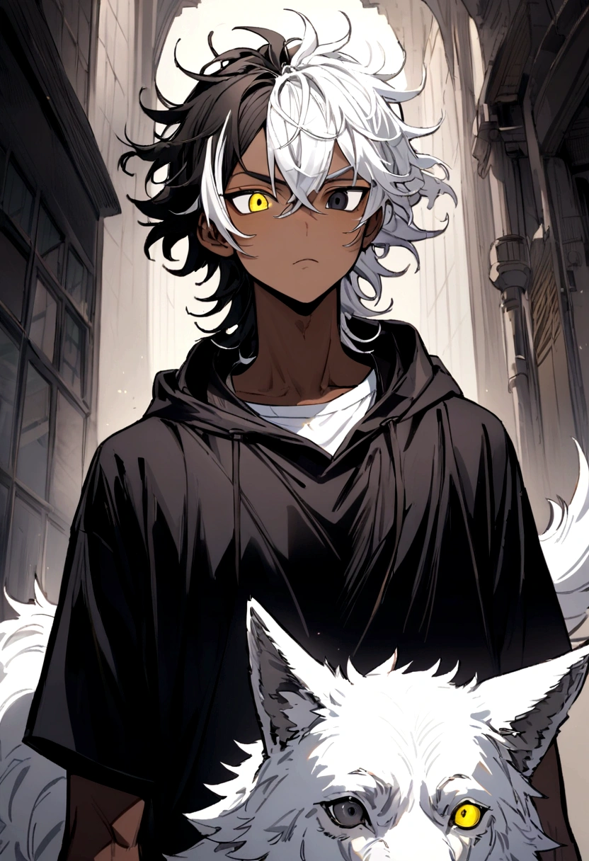 white shirt, wearing a black hoodie , yellow and black eyes heterochromia, Idiot expression, Messy hair , Medium length hair , 1 men , multicolored black and white hair , two tone hair , dark skin color , with a white wolf , They're kidding
