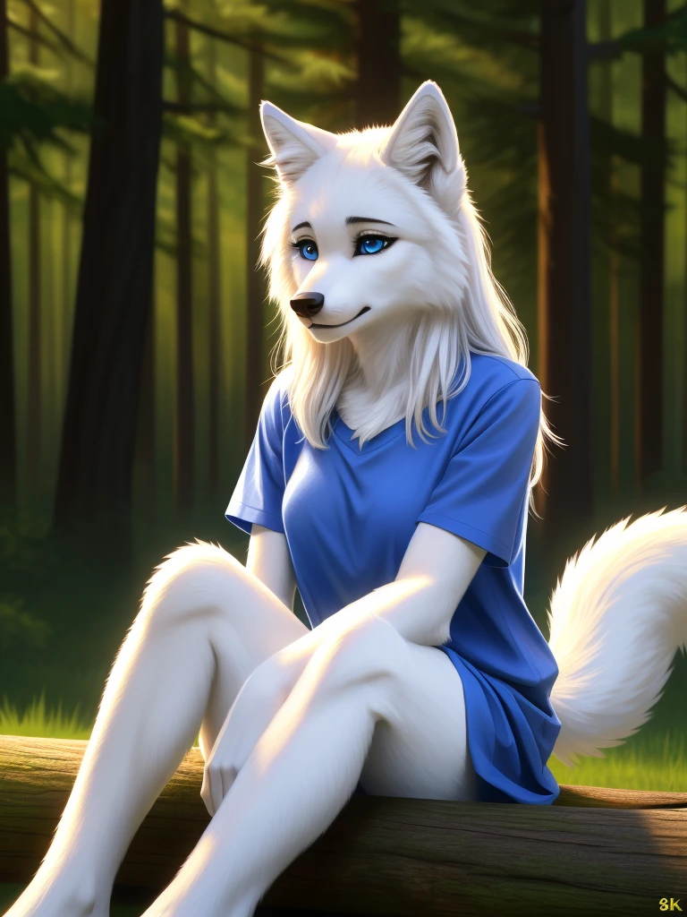Posing, sitting on log, Female, 30 years old, cute, eyeliner, long hair, sad, blue shirt, bedroom eyes, anthro, wolf ears, (white fur:1.5), baggy shirt, wolf, forest background, 8k, hi res, (best quality, masterpiece), blue eyes