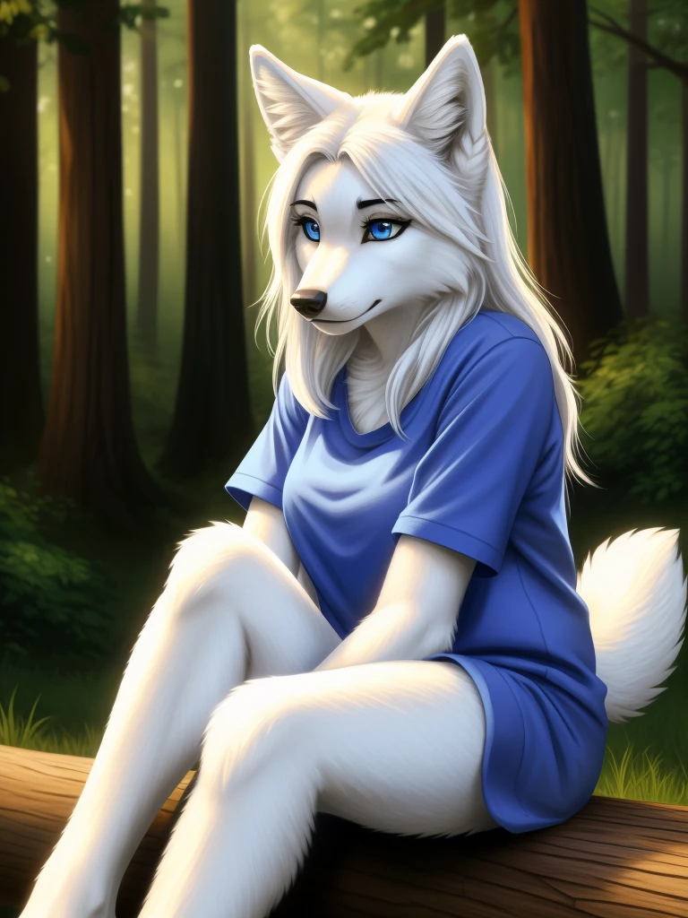 Posing, sitting on log, Female, 30 years old, cute, eyeliner, long hair, sad, blue shirt, bedroom eyes, anthro, wolf ears, (white fur:1.5), baggy shirt, wolf, forest background, 8k, hi res, (best quality, masterpiece), blue eyes