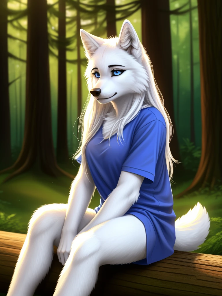 Posing, sitting on log, Female, 30 years old, cute, eyeliner, long hair, sad, blue shirt, bedroom eyes, anthro, wolf ears, (white fur:1.5), baggy shirt, wolf, forest background, 8k, hi res, (best quality, masterpiece), blue eyes