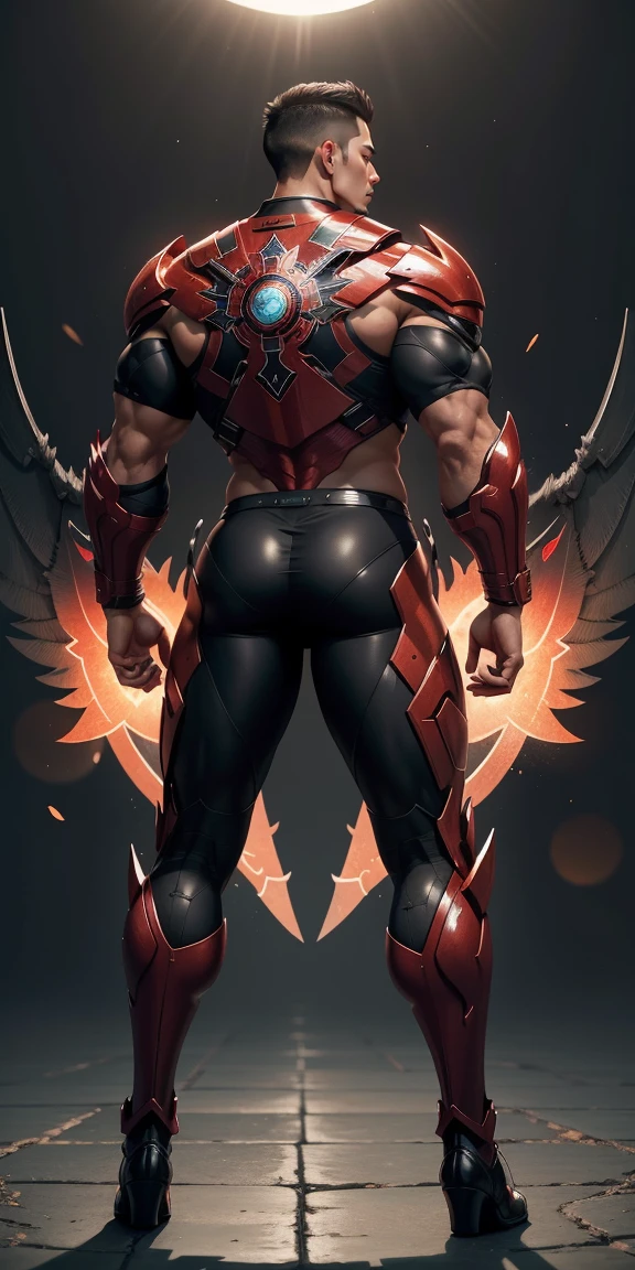 A vista traseira grande de um particularmente Cao Cao, gigant ass, and muscular hero,Black and Red Glossy Nano Mecha Net Pattern,The back is opened with colorful light effects surrounding gigant ass mechanical wings.,round buttocks,Cao Caolights,Character Idea(Invincible - Nolan Grayson,Nolan Grayson)senior police officer,small grid texture,Regular symmetrical texture pattern,serious expression,deep and charming eyes,Standing in a bright sky,Hero of the Emerald Pupil,Brave male pose,高大burly,muscular!Charming leg muscles,Cao Cao, burly, Heqiang, Super winning and cool, high resolution committee, The big feet in ultra-thin and shiny black nanomechanical boots,Strong and charming man,The bright sun is shining on you,matte particles,shiny texture