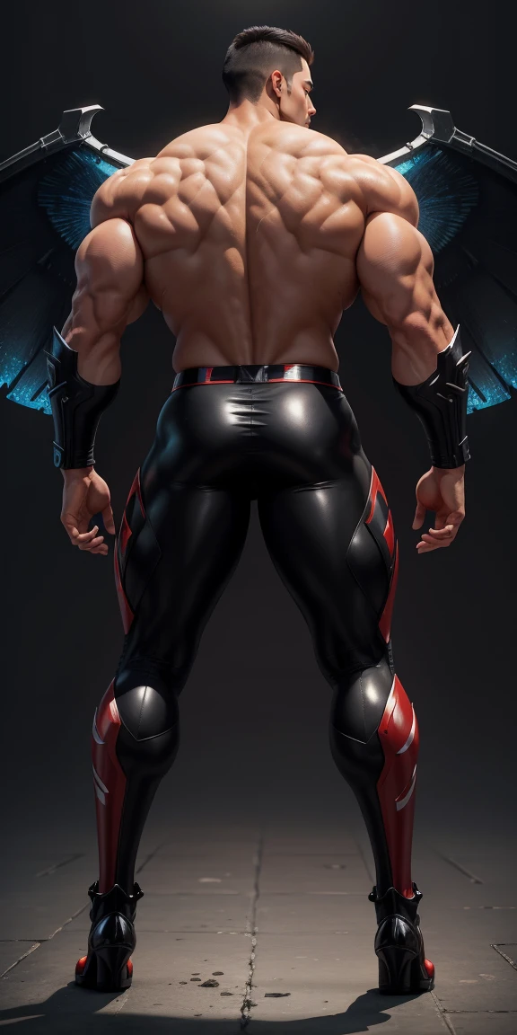 A vista traseira grande de um particularmente Cao Cao, gigant ass, and muscular hero,Black and Red Glossy Nano Mecha Net Pattern,The back is opened with colorful light effects surrounding gigant ass mechanical wings.,round buttocks,Cao Caolights,Character Idea(Invincible - Nolan Grayson,Nolan Grayson)senior police officer,small grid texture,Regular symmetrical texture pattern,serious expression,deep and charming eyes,Standing in a bright sky,Hero of the Emerald Pupil,Brave male pose,高大burly,muscular!Charming leg muscles,Cao Cao, burly, Heqiang, Super winning and cool, high resolution committee, The big feet in ultra-thin and shiny black nanomechanical boots,Strong and charming man,The bright sun is shining on you,matte particles,shiny texture