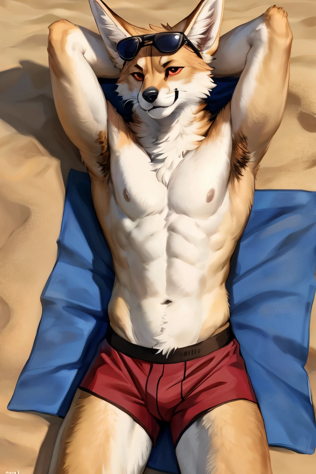 (solo, furry, anthro, hyper realistic, realistic fur), male, crotch view, muscular body, Fennec, smug, smirk, head tilted, bending down, wearing (((dark red colored))) boxer shorts, black sunglasses on head, hands behind head, (armpit hair), laying on back on towel, legs wide apart, beach, blurred background, by bebebebebe:1.2, by buta99,by foxovh, by ruan jia