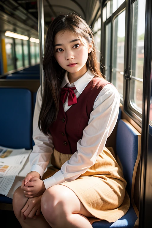 Adobe Firefly Prompt: Cinematic picture of a young college dress only years 24 girl student in a busy train, incredible details on his skin, ultra realistic photography, 80 mm shot 8k