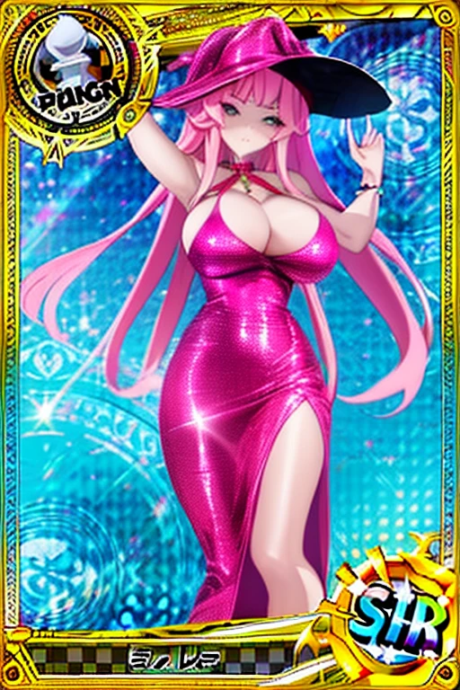 trading card of witch with big breasts sexy pose metallic pink sexy dress