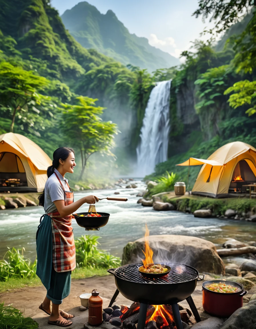 a women cooking food with eagg and grill bqq, background river forest waterfall and mountain with tent, realistic photo