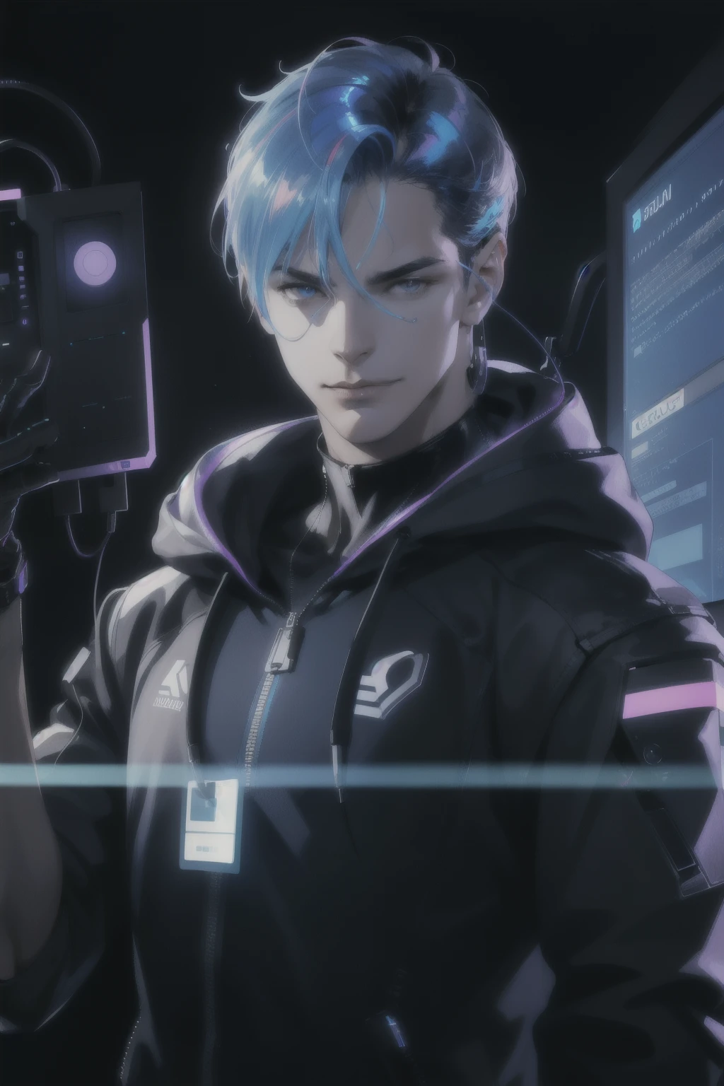 (absurdres, highres, ultra detailed), 1 male, mature, manly, tall muscular, handsome, finely detailed eyes, intricate details, portrait, looking at viewer, solo, half shot, detailed background, detailed face, (1980s synthwave theme:1.1) high-tech futuristic hacker, smirk, advanced technology, hoodie, techwear, wearable device, keycard, cables, (holographic display:1.05), computer, password, control panel in background, blue lights, dark sinister atmosphere, shadows, name ALFANDI.