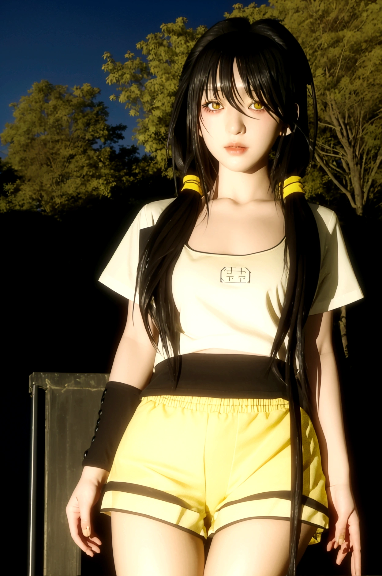 (​masterpiece、top-quality、hight resolution)、 Real life adaption for this character, Masterpiece, high quality, best lighting, 1girl, tokisaki kurumi, black hair, low twintails, ((right eye red, left eye yellow)), (hotpants), (perfect body), (((big thigh))), looking at viewer, standing, outdoors