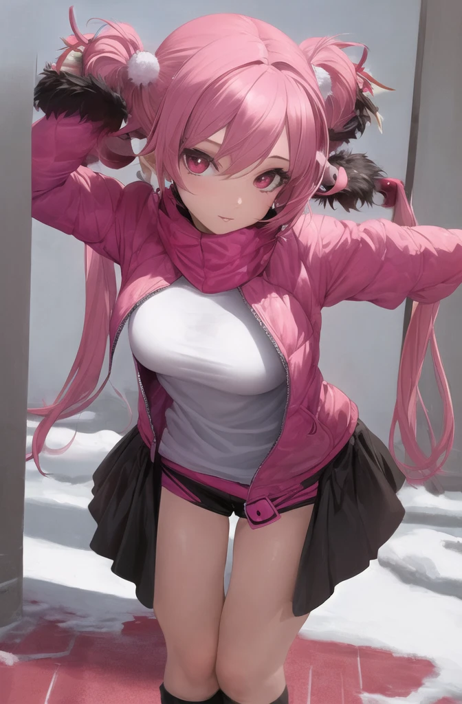 ((masterpiece)), (best quality), (detailed), 1girl,
looking at viewer, (lipstick:0.75), leaning forward,
long pink hair, twintails,
colorful thighighs,
winter, vivid colors,