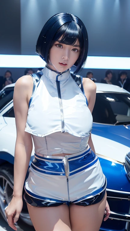 ((Beauty)),((Shiny Hair)),((Glowing Skin)),((Very white skin)),((Jet Black Hair)),韓国Beauty、Long Hair、((huge :1.1))、((A very short race queen costume in shiny blue and white enamel material.:1.3))、((Very short hot pants:1.6)、Convention Hall、((motor Show))、Small waist、sexy、S-revealing clothing、sports car