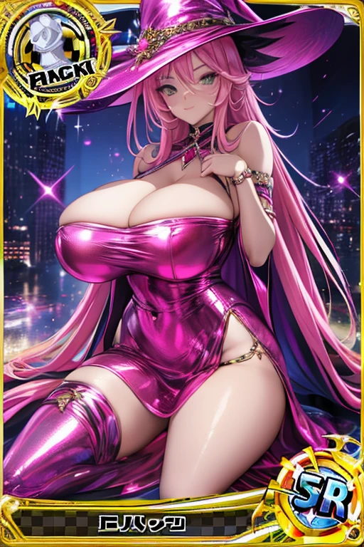 trading card of witch with big breasts sexy pose metallic pink sexy dress