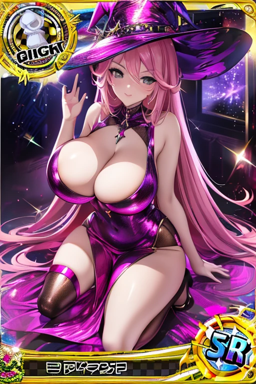 trading card of witch with big breasts sexy pose metallic pink sexy dress