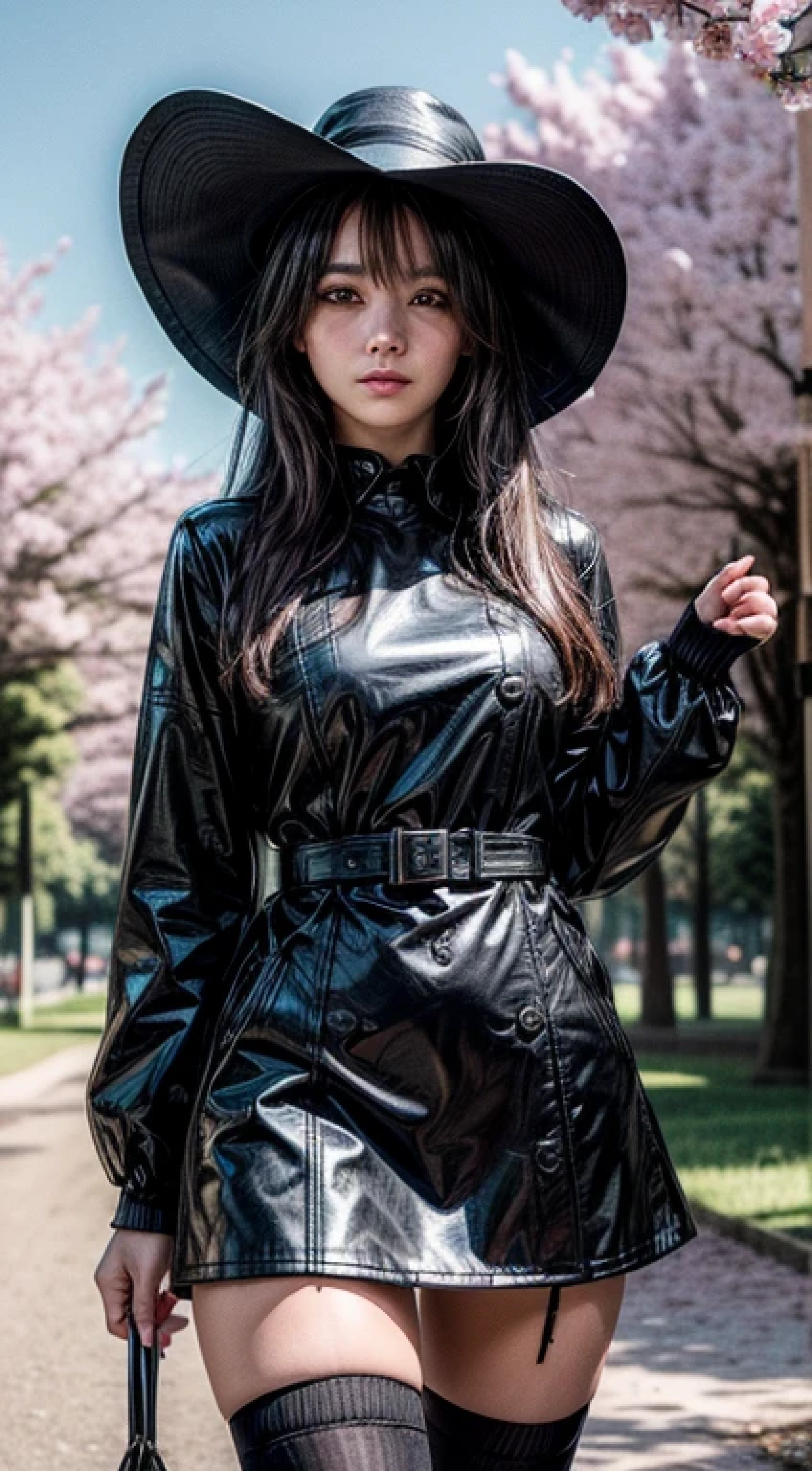 (masterpiece, best quality, 8k resolution, sharp focus, high color saturation, intricate detail, photography, golden ratio face, bright colors,high resolution, incredibly absurdres, facelight, detailed face, ultra realistic, cinematic lightning, raw photo ), female ( seductive eyes, dynamic angle, stand against the tree/under tree, wears a black trench coat with white dress, black thigh-high socks, black floppy hat ), cowboy shot, background ( blue sky, blossom trees, blossom petals falling, beautiful landscape, stone path )