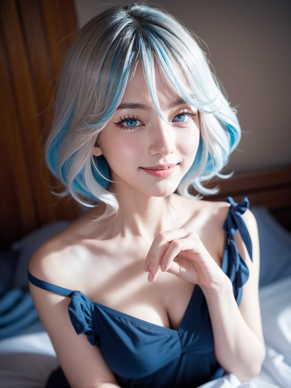 Furina from Genshin Impact, 18 years old girl, (Raw photo, Best Quality), (Realistic, Photorealsitic:1.3), masterpiece, Extremely delicate and beautiful, Soft light, (beautiful white and blue hair, Shoulder-length straight hair swaying in the wind), Beautiful detailed girl, (Detailed fingers), extremely detailed eye and face, beautiful detailed nose, Beautiful detailed eyes, 1 girl, Japanese, Neat and clean beauty, Cute, young, (big breasts), Realistic face, Realistic body, cute smile, full body view, sitting on the bed, blushing