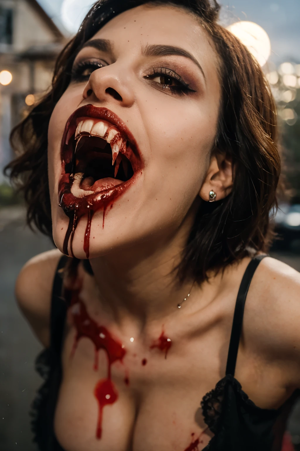 Generate a hyper-realistic image that employs the shallow depth of field technique, Head and sholders portrait to highlight a goth vampire girl, (((open mouth with vampire teeth, blood dripping from mouth))) , (((angry face))) , ((cut hair with fringe)), in dynamic pose, wearing a gothic costume, at ((night in a creepy cemitery ) setting, (((under the moonlight))). The girl should be the focal point, with crisp clarity, while the background of the cemitery should be gently blurred to create a bokeh effect. (((Flames In the foreground))) should be visible but blurred, adding depth to the composition.", adding depth to the composition. Sony Alpha A7R III, macros lens , f/5.6. ((Cinematic Lighting)) .