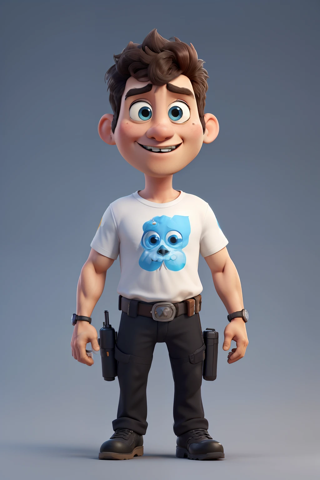 3d character, a very tall man wearing a black commando suit, body builder, very short black hair, blue colored eyes, beautiful big circular reflective eyes, big white gloves, white combat boots, white ammunition belt, black skull-print T-shirt, skull logo on chest, holding a Colt 45 pistol, (film composition), (Pixar-style:1.2), (CGI animation: 1.2), (Disney: 1.2), (animated cartoon: 0.2), (best qualityer, work of art, 4K, ultra detaild, sharp focus, 8K, High definition:1.2), (cf. Danny Mac 3D, por Follygon), (work of art: 1.2), absurderes