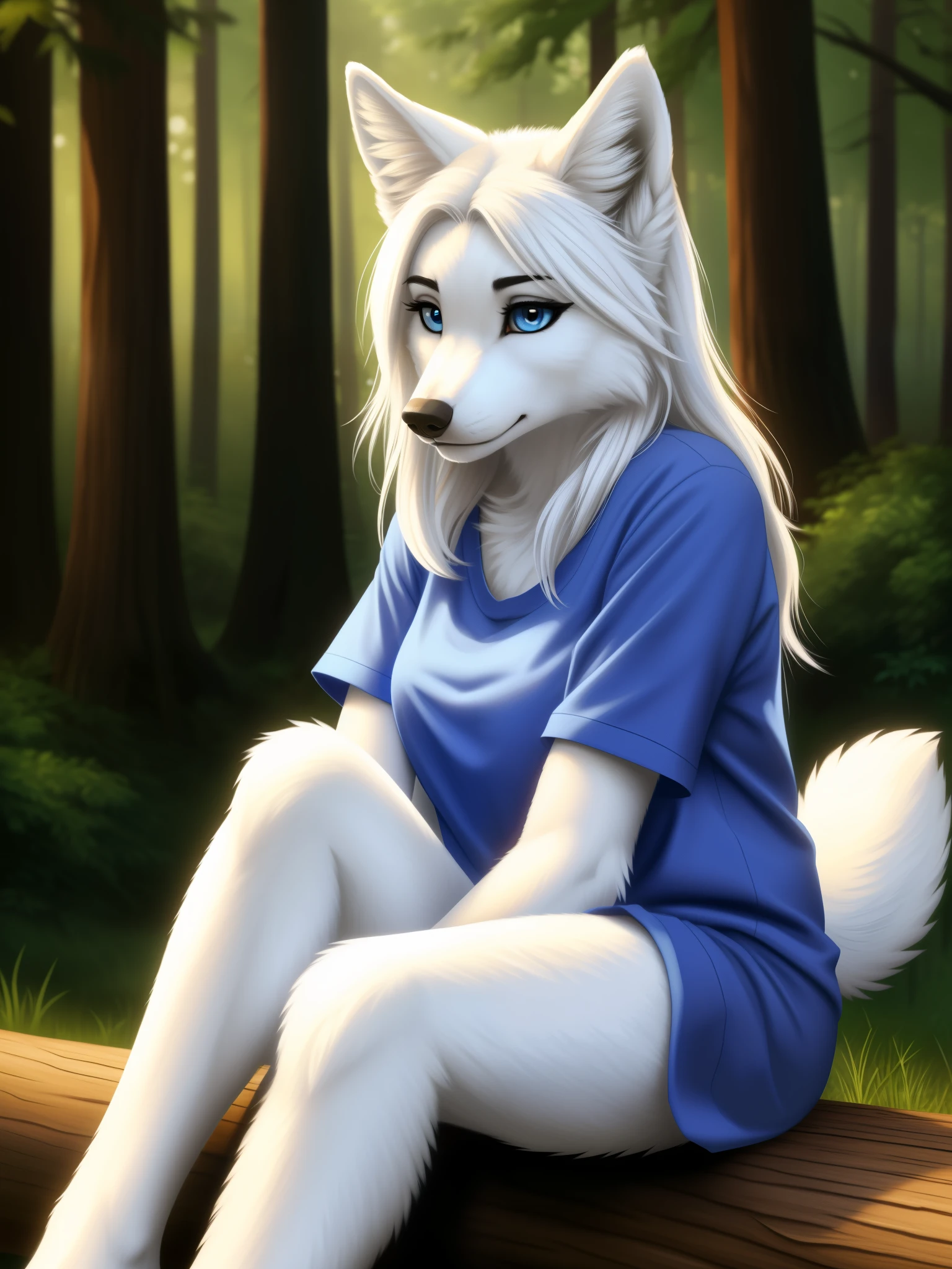 Posing, sitting on log, Female, 30 years old, cute, eyeliner, long hair, sad, blue shirt, bedroom eyes, anthro, wolf ears, (white fur:1.5), baggy shirt, wolf, forest background, 8k, hi res, (best quality, masterpiece), blue eyes