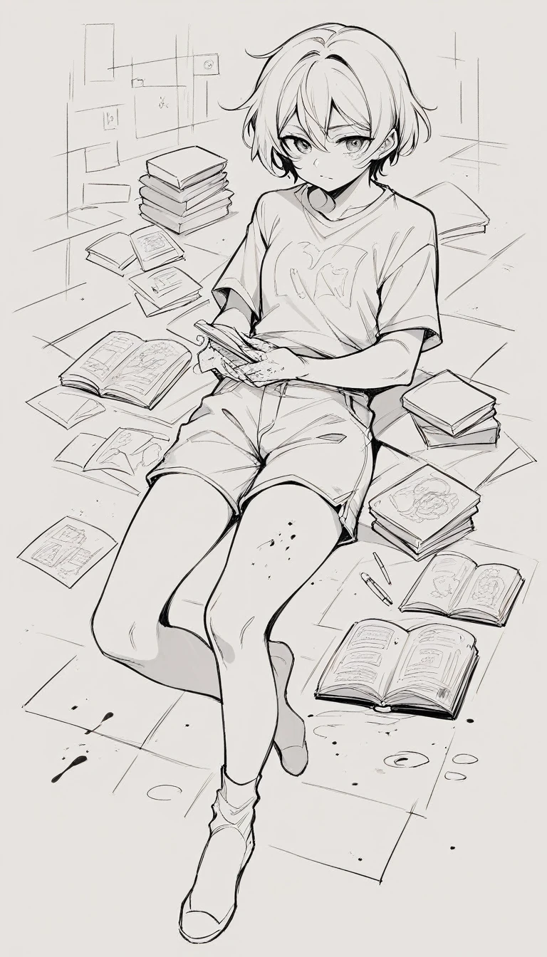 black and white, line art, no shading, full body, live2D character, short hair, coloring book style, sketch,ink drawing, outlines