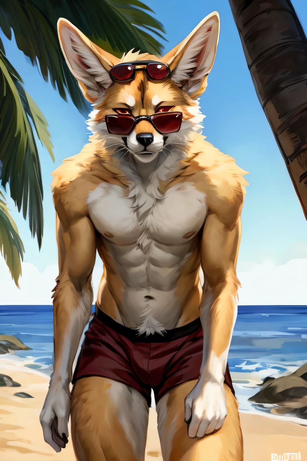 (solo, furry, anthro, hyper realistic, realistic fur), male, front view, muscular body, Fennec, smug, smirk, head tilted, bending down, wearing (((dark red colored))) boxer shorts, black sunglasses on head, standing upright, legs wide apart, beach, blurred background, by bebebebebe:1.2, by buta99,by foxovh, by ruan jia