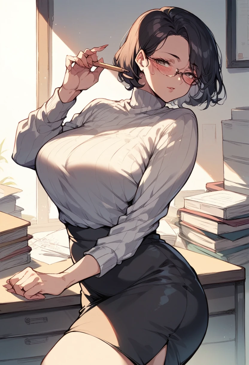 (mature woman), blush, lust, skin fair, Sweater shirt, Long pencil skirt, wearing glasses, short black hair, beautiful face, 가슴, sensuous, highest quallity,standing pose, (fund: In front of the office desk)