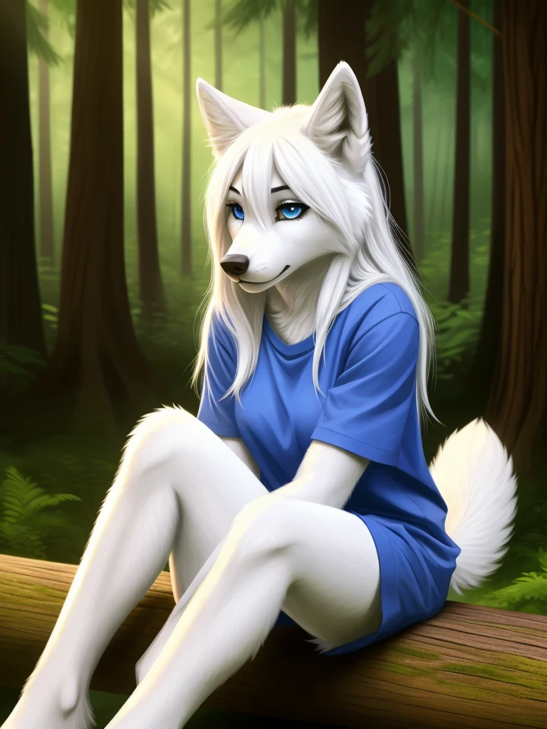 Posing, sitting on log, Female, 30 years old, cute, eyeliner, long hair, sad, blue shirt, bedroom eyes, anthro, wolf ears, (white fur:1.5), baggy shirt, wolf, forest background, 8k, hi res, (best quality, masterpiece), blue eyes