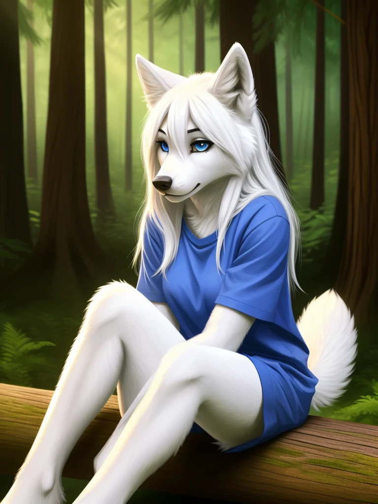 Posing, sitting on log, Female, 30 years old, cute, eyeliner, long hair, sad, blue shirt, bedroom eyes, anthro, wolf ears, (white fur:1.5), baggy shirt, wolf, forest background, 8k, hi res, (best quality, masterpiece), blue eyes