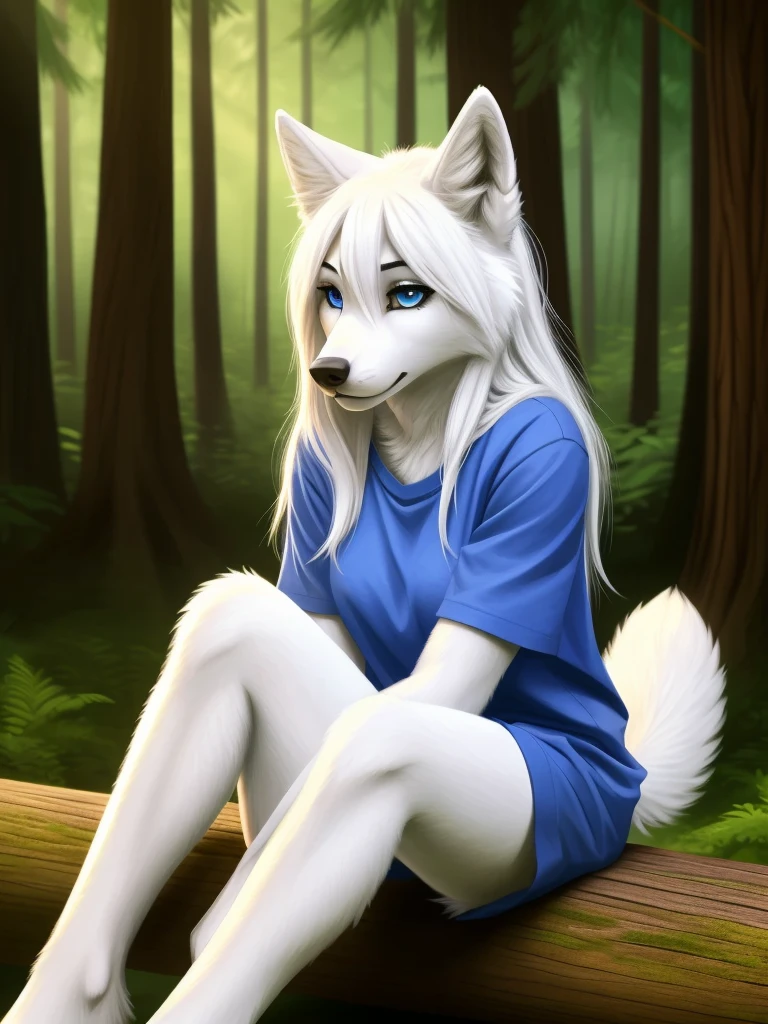Posing, sitting on log, Female, 30 years old, cute, eyeliner, long hair, sad, blue shirt, bedroom eyes, anthro, wolf ears, (white fur:1.5), baggy shirt, wolf, forest background, 8k, hi res, (best quality, masterpiece), blue eyes