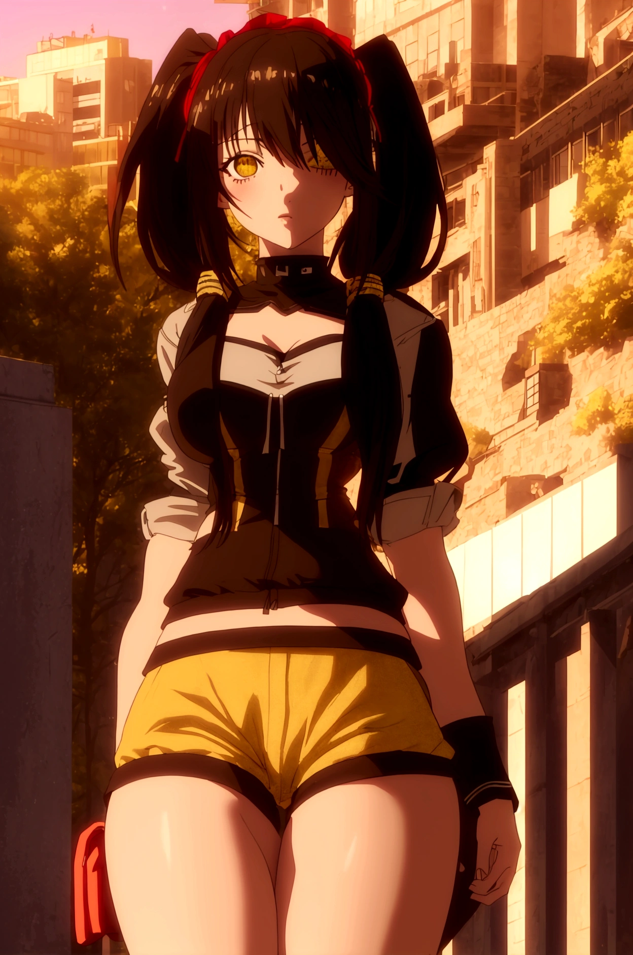 (​masterpiece、top-quality、hight resolution)、 Real life adaption for this character, Masterpiece, high quality, best lighting, 1girl, tokisaki kurumi, black hair, low twintails, ((right eye red, left eye yellow)), (hotpants), (perfect body), (((big thigh))), looking at viewer, standing, outdoors