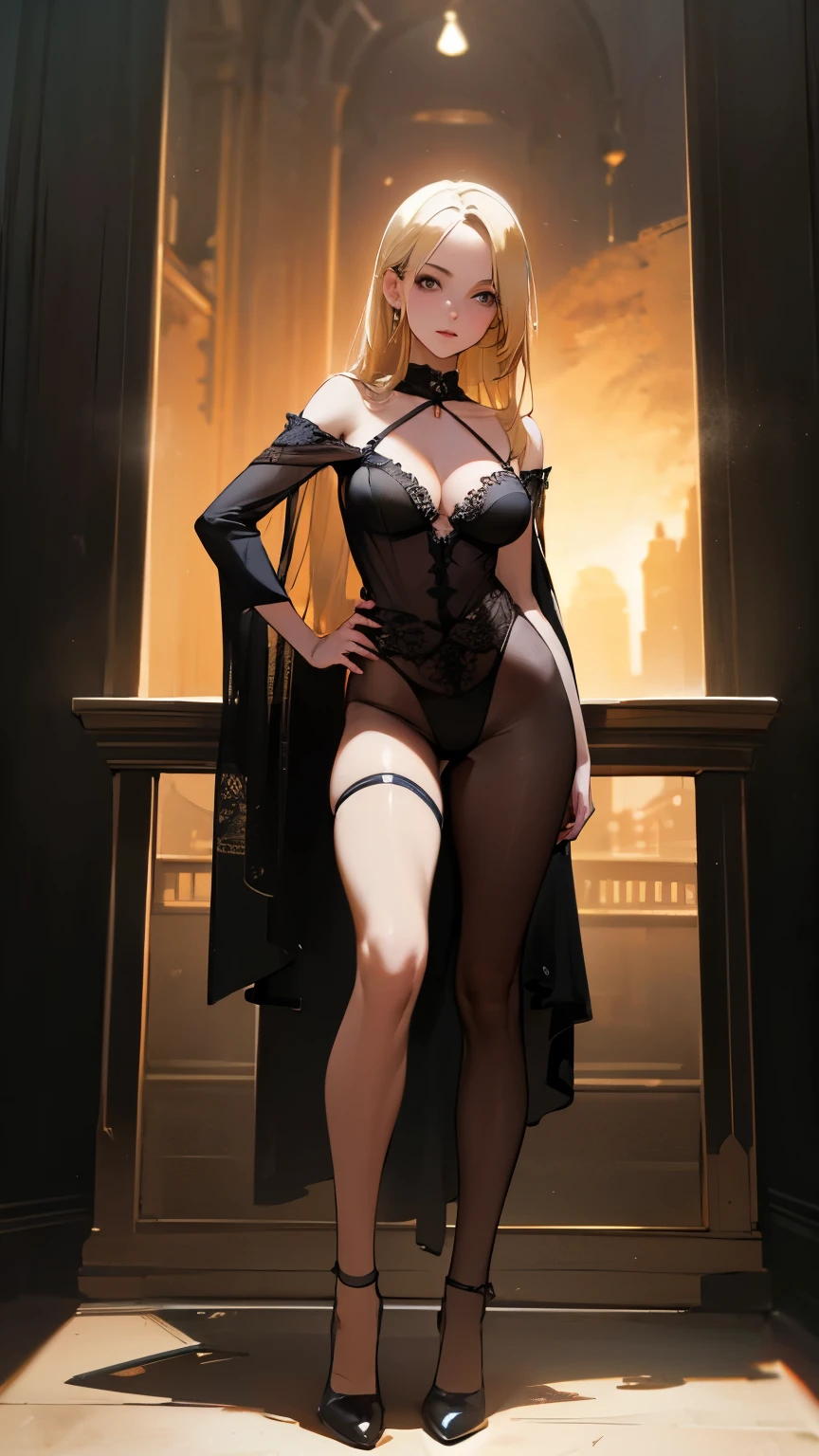 Sexy blonde in black lingerie, standing in a very atmospheric setting., Full body posing for 8k photo camera on Instagram, detailed, masterpiece, high details, high resolution