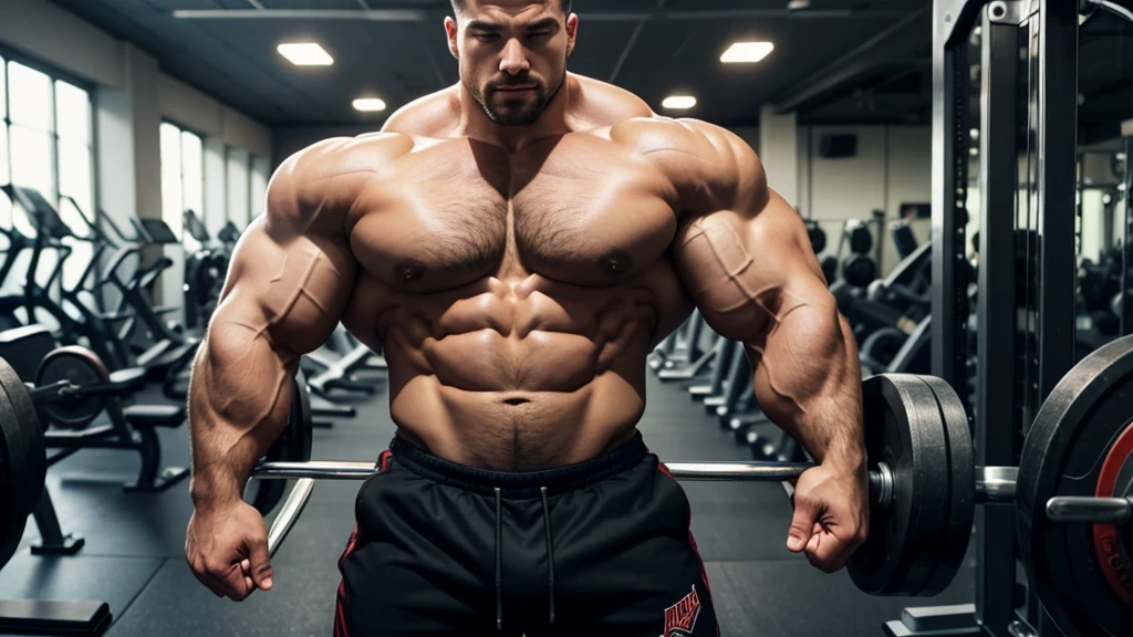 A standing bodybuilder showing his huge thights in a gym ambient