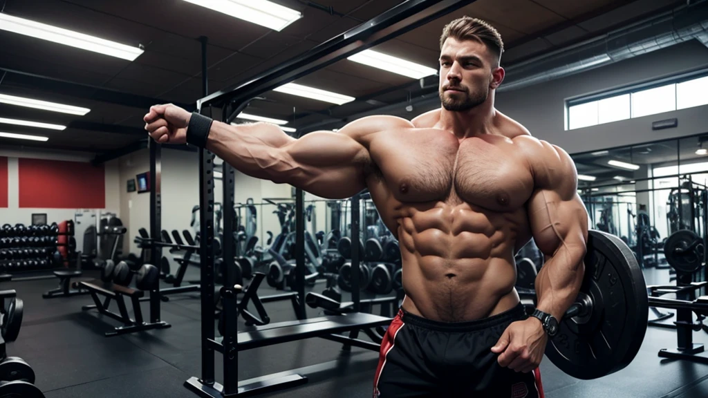A standing bodybuilder showing his huge thights in a gym ambient