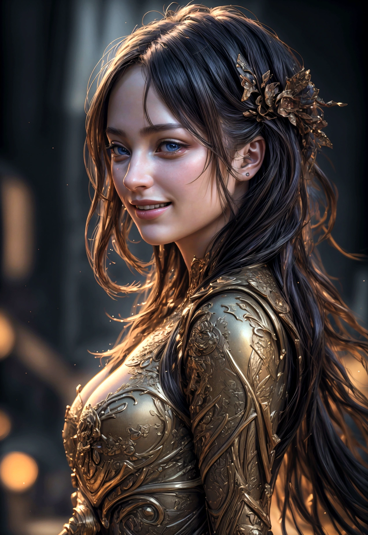 1girl, fantasy, highres, looking_away, looking_to_the_side, original, realistic, scenery, Close-up, upper_body, smiling, action pose, (best quality,4k,8k,highres,masterpiece:1.2),ultra-detailed,(realistic,photorealistic,photo-realistic:1.37),HDR,UHD,studio lighting,ultra-fine painting,sharp focus,physically-based rendering,extreme detail description,professional,vivid colors,bokeh,