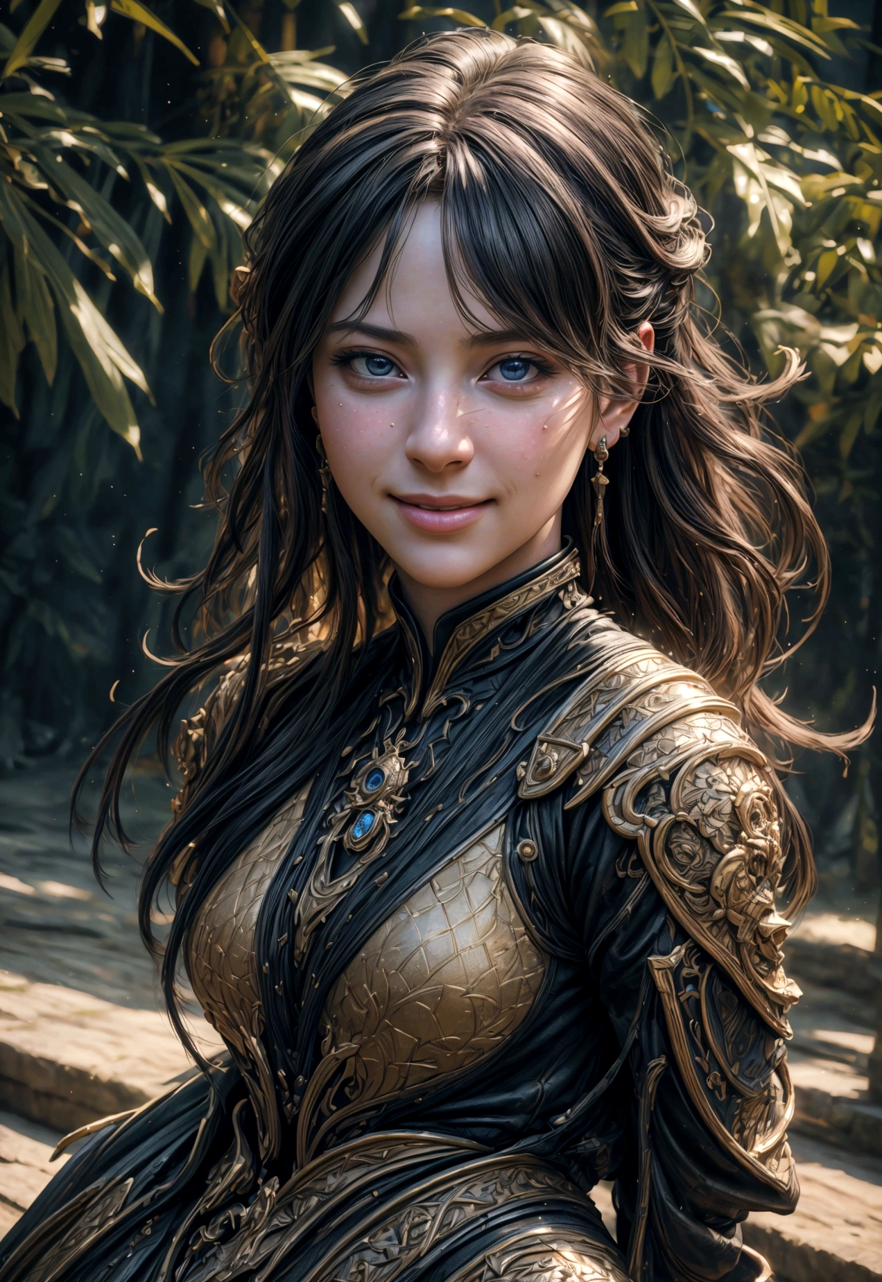 1girl, fantasy, highres, looking_away, looking_to_the_side, original, realistic, scenery, Close-up, upper_body, smiling, action pose, (best quality,4k,8k,highres,masterpiece:1.2),ultra-detailed,(realistic,photorealistic,photo-realistic:1.37),HDR,UHD,studio lighting,ultra-fine painting,sharp focus,physically-based rendering,extreme detail description,professional,vivid colors,bokeh,