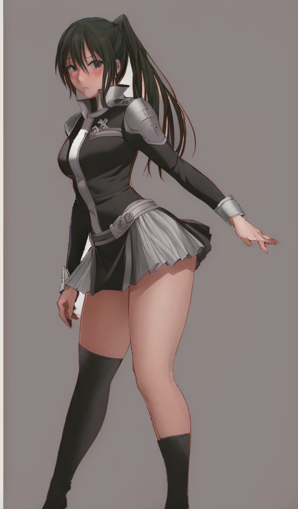 Beautiful-legged twin-tailed Lenalee is standing blushing in a miniskirt uniform and knee-high socks.。