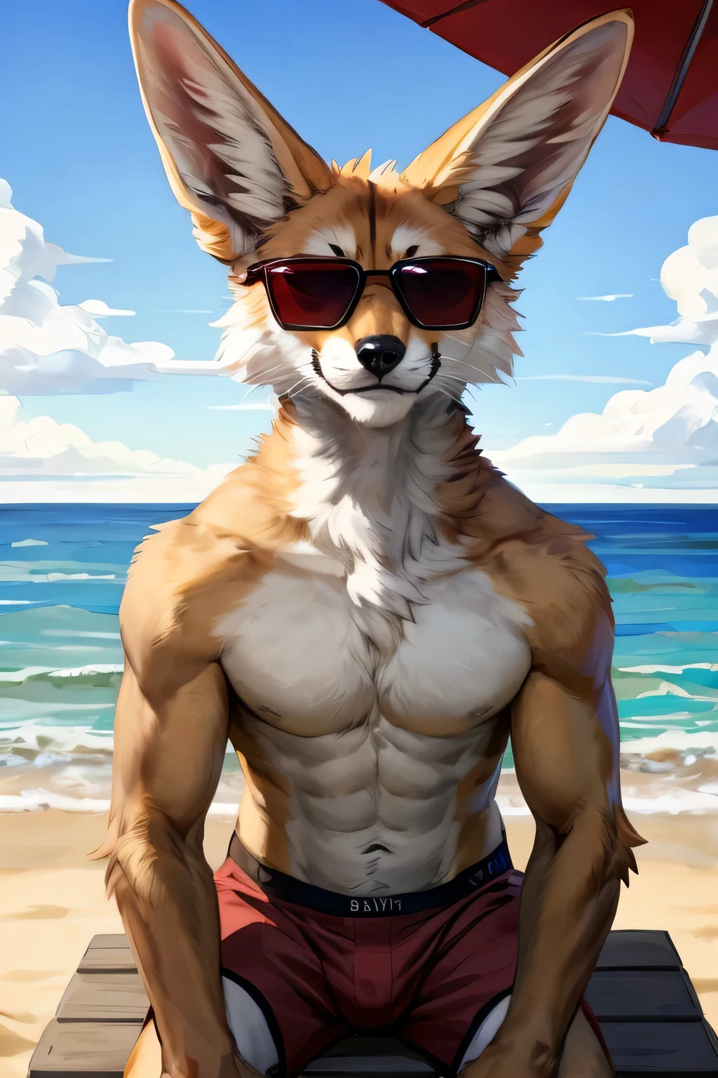 (solo, furry, anthro, hyper realistic, realistic fur), male, front view, muscular body, Fennec, smug, smirk, head tilted, bending down, wearing (((dark red colored))) boxer shorts, black sunglasses on head, standing upright, legs wide apart, beach, blurred background, by bebebebebe:1.2, by buta99,by foxovh, by ruan jia