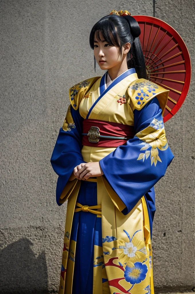Animated warrior with a kimono that has yellow blue and red 
