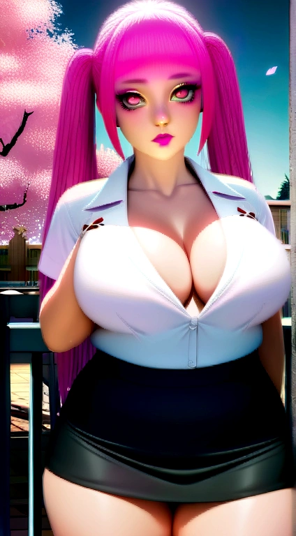 A perfect masterpiece, Highly detailed CG UNITY 8K UHD quality resolution, RAW Photos, Award-winning portraits, Realistic, Official Art, Glossy and realistic skin, (V3.0 Punk Rock Baked:1.3), The most beautiful and sexy , very long rainbow colored hair in pigtails, Vivid moonlight eyes, Long and fine eyelashes, Blushing, Plump pink lips, Curved body, Full Hips, Super huge very huge , I can see her cleavage, A huge one popping out of her shirt, Schoolgirl uniform、 skirt、Nike sneakers、wearing a backpack, Lots of tattoos and piercings, She arches her back in a sexy, seductive, slutty pose, Looking at the audience, Full body portrait, Cowboy Shot, Sexy and seductive slutty look, Cherry blossoms blowing in the wind, School campus background