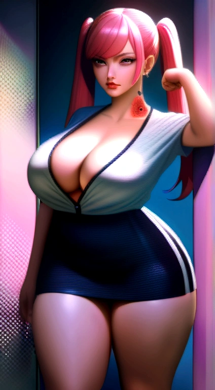 A perfect masterpiece, Highly detailed CG UNITY 8K UHD quality resolution, RAW Photos, Award-winning portraits, Realistic, Official Art, Glossy and realistic skin, (V3.0 Punk Rock Baked:1.3), The most beautiful and sexy , very long rainbow colored hair in pigtails, Vivid moonlight eyes, Long and fine eyelashes, Blushing, Plump pink lips, Curved body, Full Hips, Super huge very huge , I can see her cleavage, A huge one popping out of her shirt, Schoolgirl uniform、 skirt、Nike sneakers、wearing a backpack, Lots of tattoos and piercings, She arches her back in a sexy, seductive, slutty pose, Looking at the audience, Full body portrait, Cowboy Shot, Sexy and seductive slutty look, Cherry blossoms blowing in the wind, School campus background