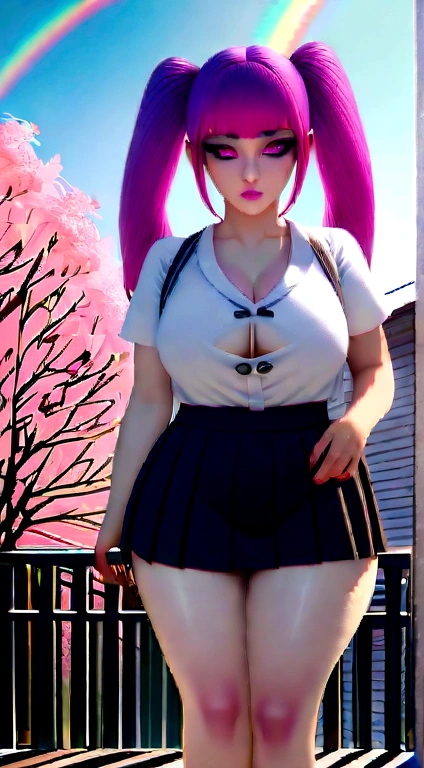 A perfect masterpiece, Highly detailed CG UNITY 8K UHD quality resolution,  RAW Photos, Award-winning portraits, Realistic, Official Art, Glossy and realistic skin, (V3.0 Punk Rock Baked:1.3), The most beautiful and y , very long rainbow colored hair in pigtails, Vivid moonlight eyes, Long and fine eyelashes, Blushing, Plump pink lips, Curved body, Full Hips, Super huge very huge , I can see her cle huge one popping out of her shirt, Schoolgirl uniform、 skirt、Nike sneakers、wearing a backpack, Lots of tattoos and piercings, She arches her back in a sexy, seduce, slutty pose, Looking at the audience, Full body portrait, Cowboy Shot, Sexy and seduce slutty look, Cherry blossoms blowing in the wind, School campus background 