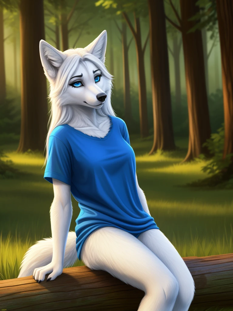 Posing, sitting on log, Female, 30 years old, cute, eyeliner, long hair, sad, blue shirt, bedroom eyes, anthro, wolf ears, (white fur:1.5), baggy shirt, wolf, forest background, 8k, hi res, (best quality, masterpiece), blue eyes
