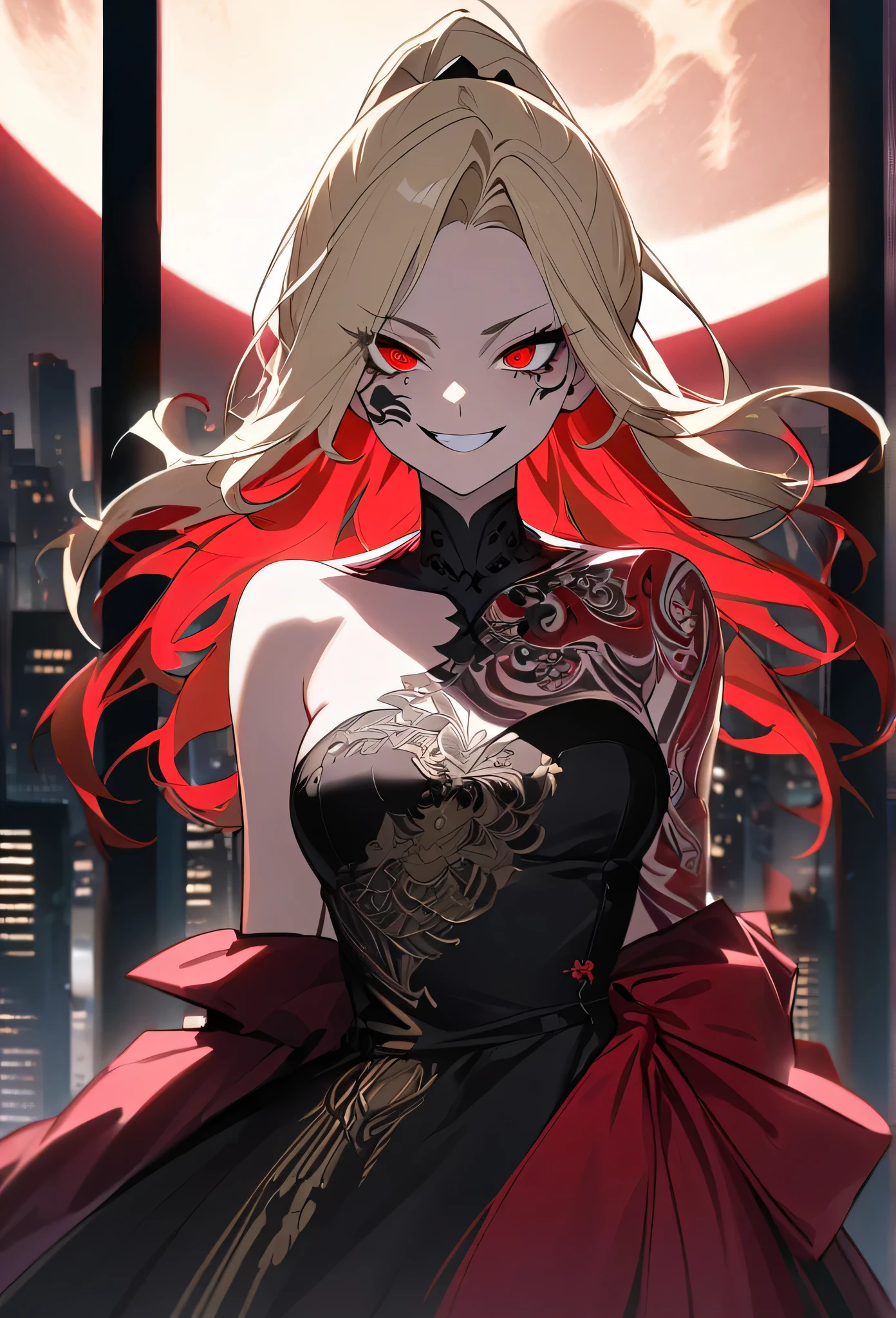 A striking female portrait featuring a woman with long, light blonde hair streaked with lots vibrant red highlights, creating a unique two-tone effect, long hair  ponytail. Her large, piercing red and bloodshot eyes gaze intensely, adding an unsettling yet captivating presence. Dressed in formal attire, her body is adorned with numerous intricate tattoos, including a prominent moon design on her face. Fullbody shot, cowboy shot. The woman's symmetrical features and malevolent, wide grin convey a villainous, sinister demeanor, set against a dark, urban cityscape backdrop.