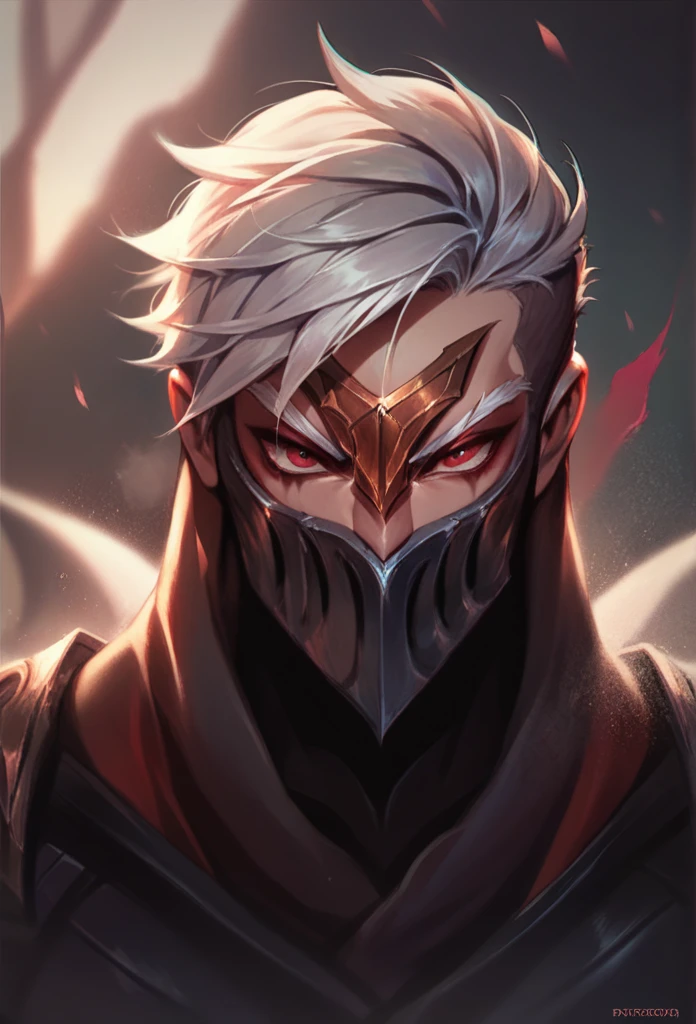 zed do League of Legends, a ninja with short white hair and red eyes, your expression is serious and cold, He's intense. he wears black clothes.