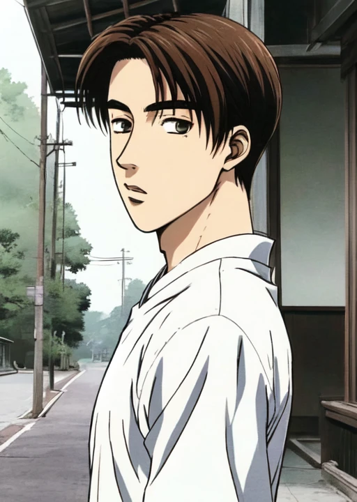 takumi_fujiwara, 1boy, solo, brown hair, shirt, looking at viewer right and left view 