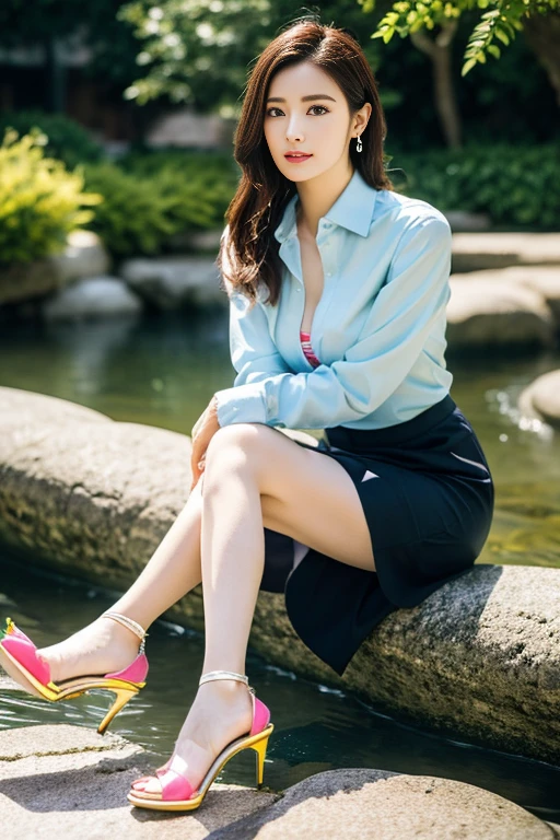 (Highest quality、Ultra-high resolution、masterpiece、8K)、(Delicate face、Detailed eyes and face、Watery eyes、double eyelid、Glossy lips), (1 girl) 、Very beautiful woman、Slender、Slim Big、Sharp long legs、Alluring and sexy、(A brightly colored collared shirt:1.2)、(Skirts in flashy colors:1.3),(silk pantyhose:1.1),(Stiletto heels)、Cleavage、Sitting pose、Perfect body、Two perfect legs、balanced legs、Detailed shoes、Anatomically correct、High-definition skin texture、Daytime、(Wind、river、waterfall、garden)