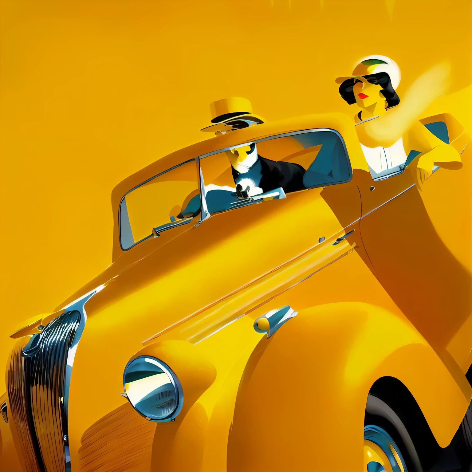there is a woman driving a yellow car with a dog in the passenger seat, italian futurism style, kenton nelson, martin ansin, by mads berg, ed hopper, inspired by Art Frahm, art deco painting, art deco illustration, edward hopper and james gilleard, by Stevan Dohanos, italian futurism, francois schuiten