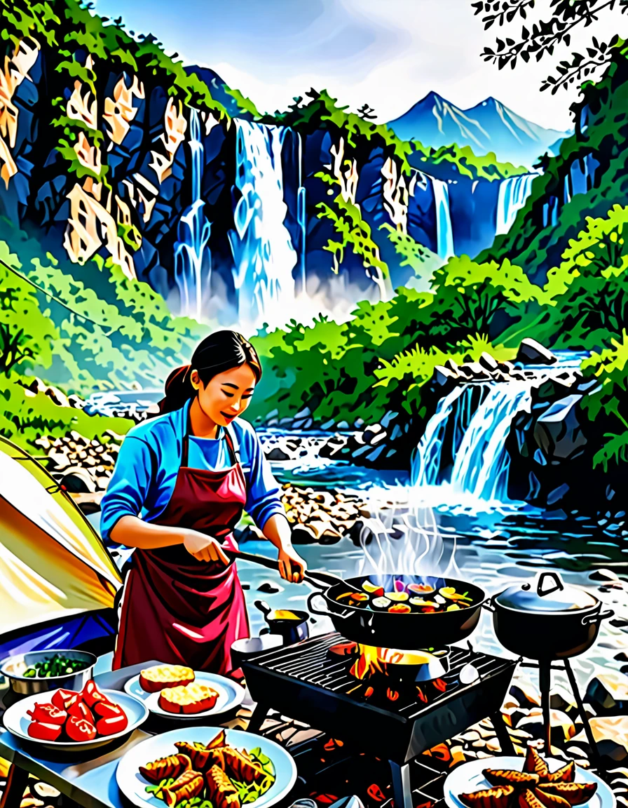 a women cooking food with eagg and grill bqq, background river forest waterfall and mountain with tent, realistic photo